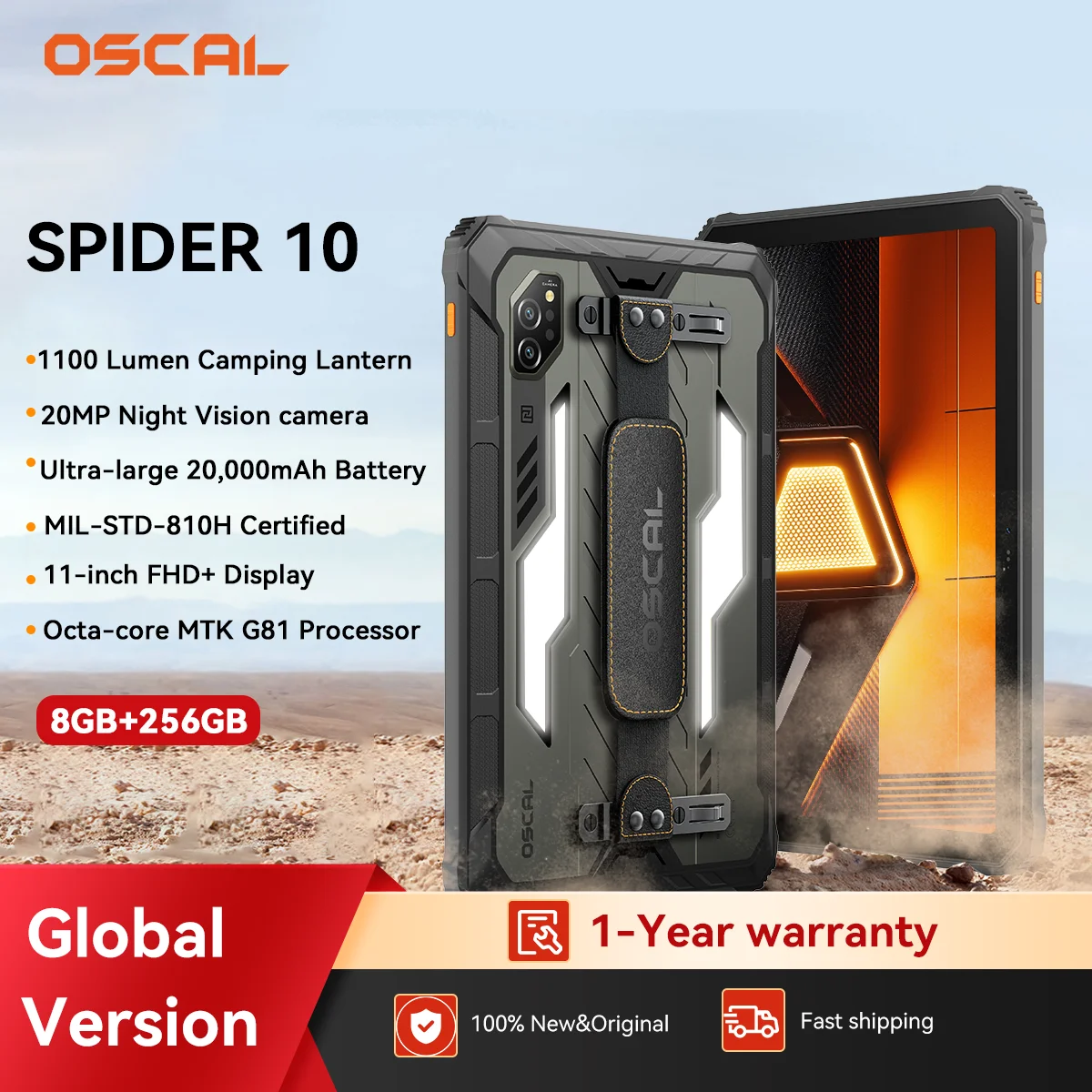 Blackview OSCAL SPIDER 10 وسادة متينة، شاشة 11 بوصة FHD + IPS 60 هرتز 8 جيجابايت 256 جيجابايت 20000 مللي أمبير في الساعة، MediaTek Dimensity G81، Android 15 Tablet