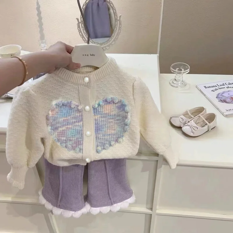 Girls' Suit2024Autumn New Sweet Korean Style Fashion Baby Knitted Cardigan Coat Gentle Purple Trousers