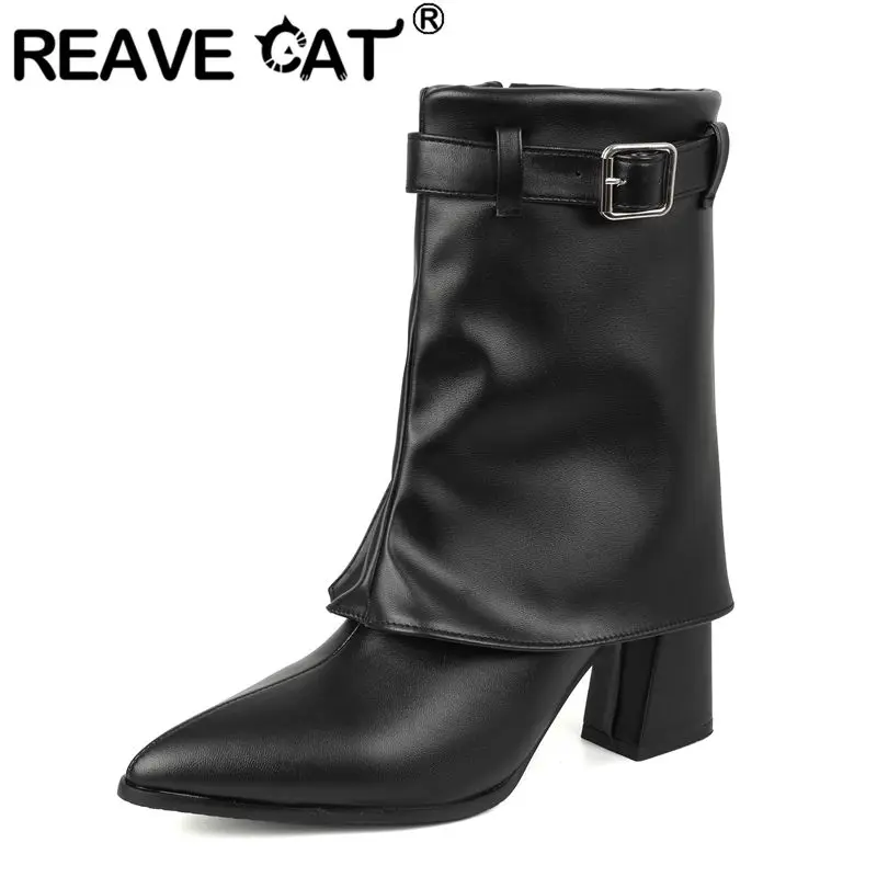 REAVE CAT Black Women Mid Calf Boots Pointed Toe 8.5cm Chunky Heels Zipper Sexy Dating Botas Big Size 47 48 49 50 Handmade Shoes