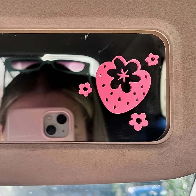 

Cute Strawberry Flower Car Mirror Sticker, Waterproof Sunproof Vinyl Decal, Scratch Cover for Rearview Mirror & Car Body