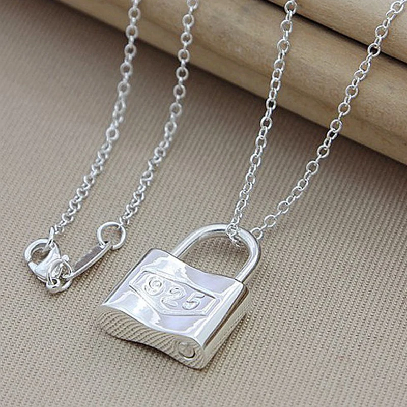 

Fashion 925 Sterling Silver 18 Inches Square Lock Necklace For Women Men Charm Wedding Engagement Gifts Jewelry Party