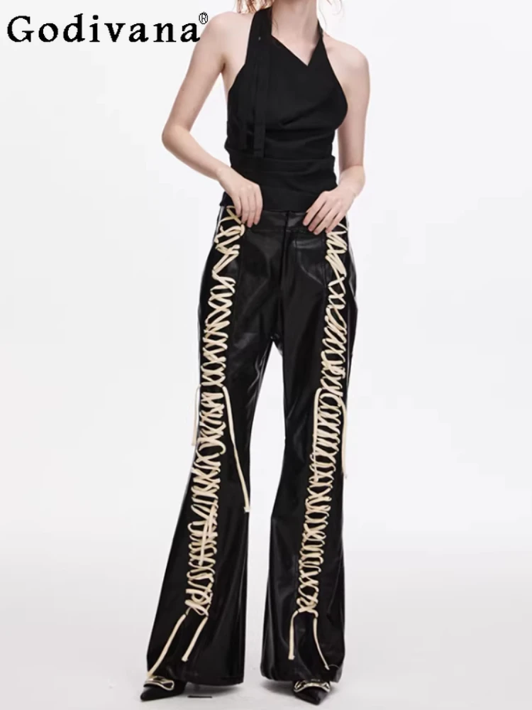 Spring Sex Sexy Personality Lace-up Elegant Vintage Leather Flared Pants Fashion Women Versatile Street Black Floor Trousers