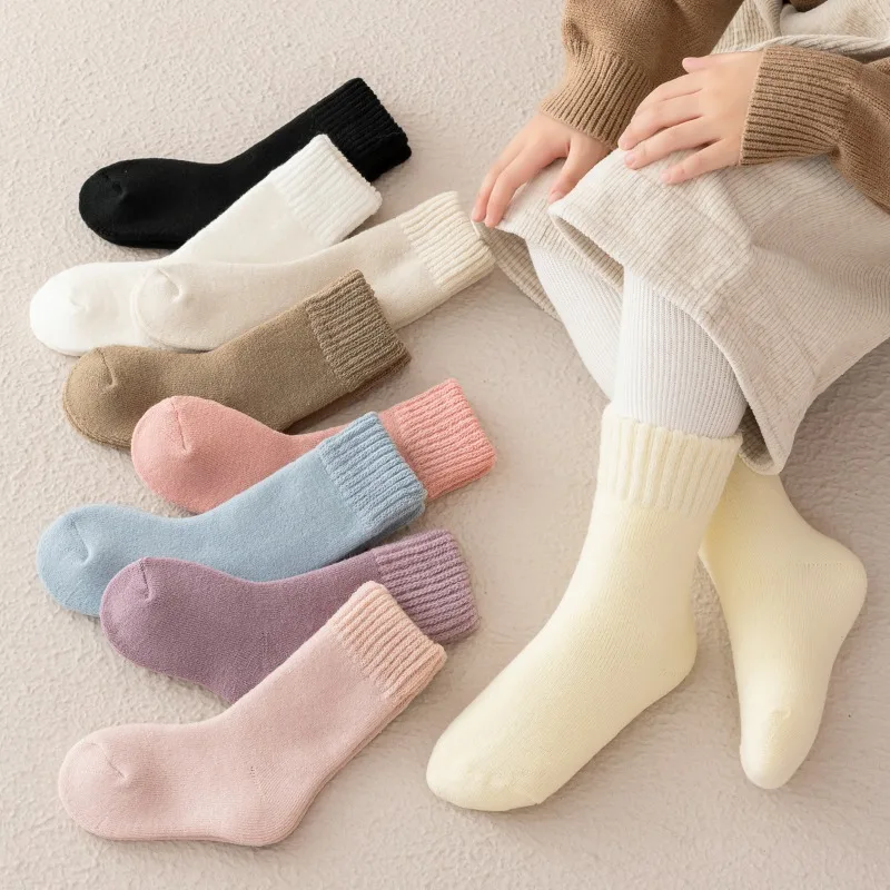 

Warm Soft Thermal Kids Wool Socks for Girls Baby Cashmere Plush Stockings Solid Color Winter Autumn Socks Cozy Children Footwear