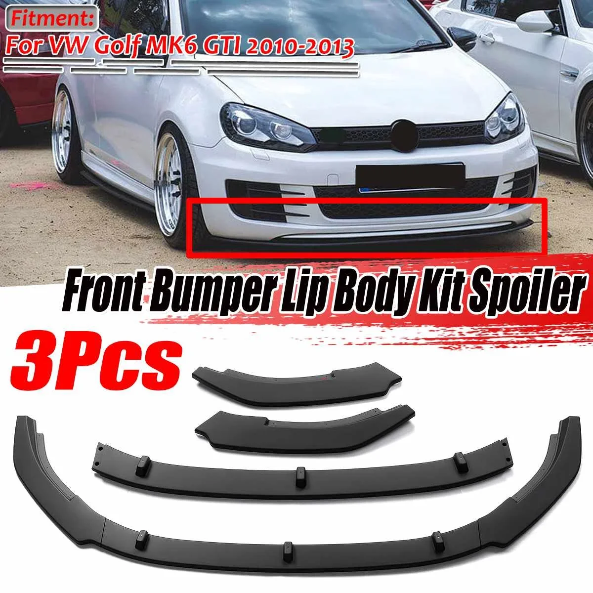 

High Quality 3 Piece Car Front Bumper Splitter Lip Diffuser Chin Spoiler Guard For VW For Golf MK6 GTI 2010 2012 2013 Body Kit