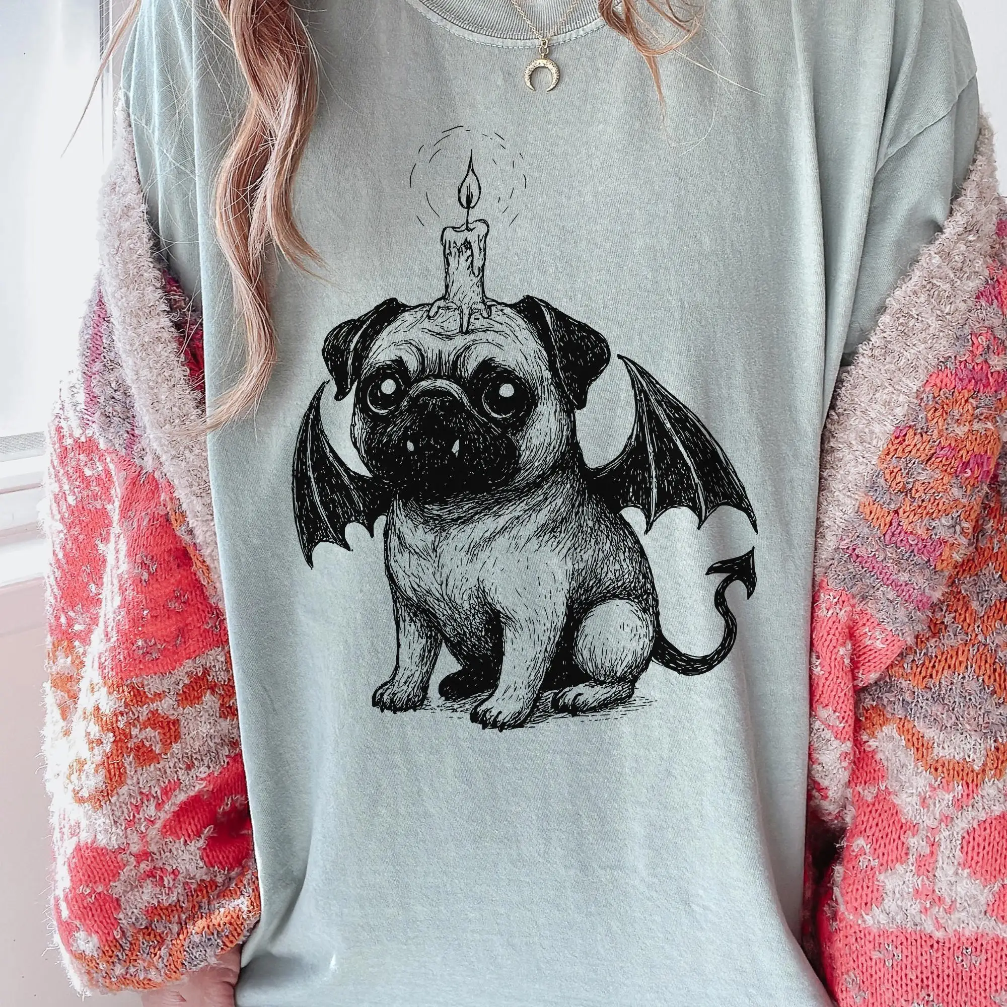 Halloween Devil Pug Shirt – Vintage Engrave Ink Style, Winged Hellhound Candle Head Tee, Funny Spooky Dog T-SHIRT