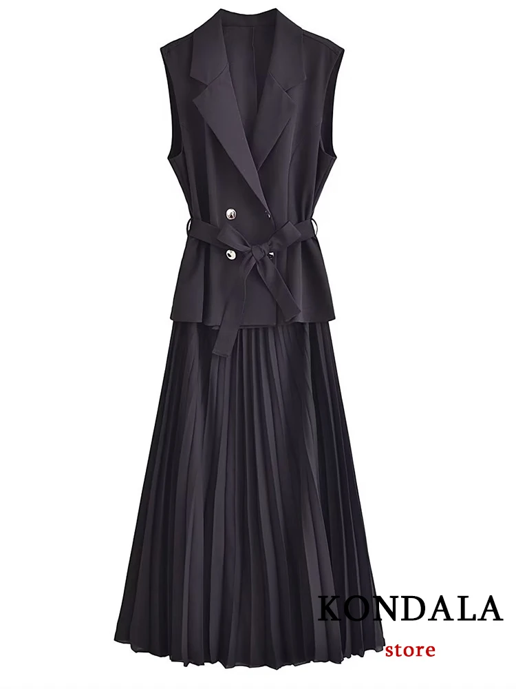 KONDALA Chic Vintaeg Solid Black Office Women Dress Fashion 2023 Autumn False Two Double Button Vest Blazer Long Pleated Vestido