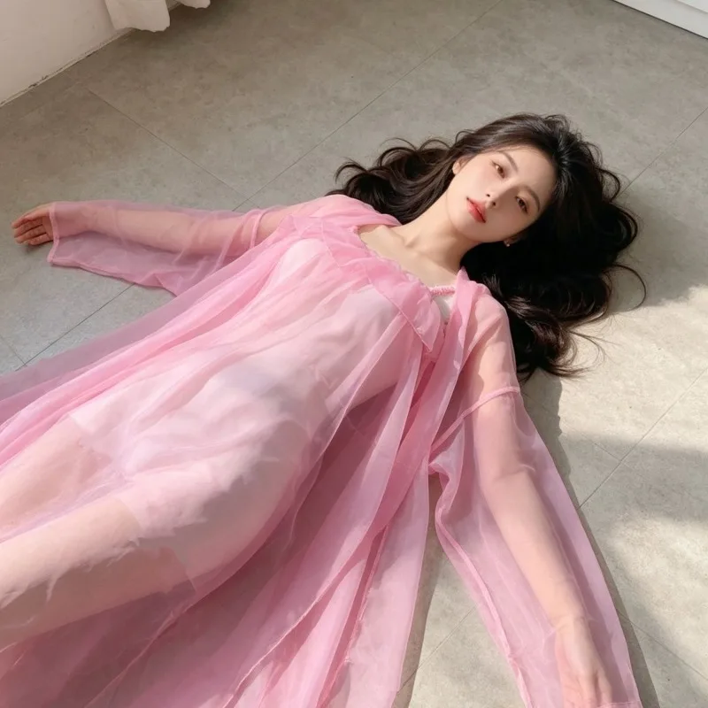 2pcs Ladies Silky Sheer Lightweight Gauze Slip Dress Robe Set Soft Cooling Translucent Vintage Royal Minimalist Trendy Cover Up