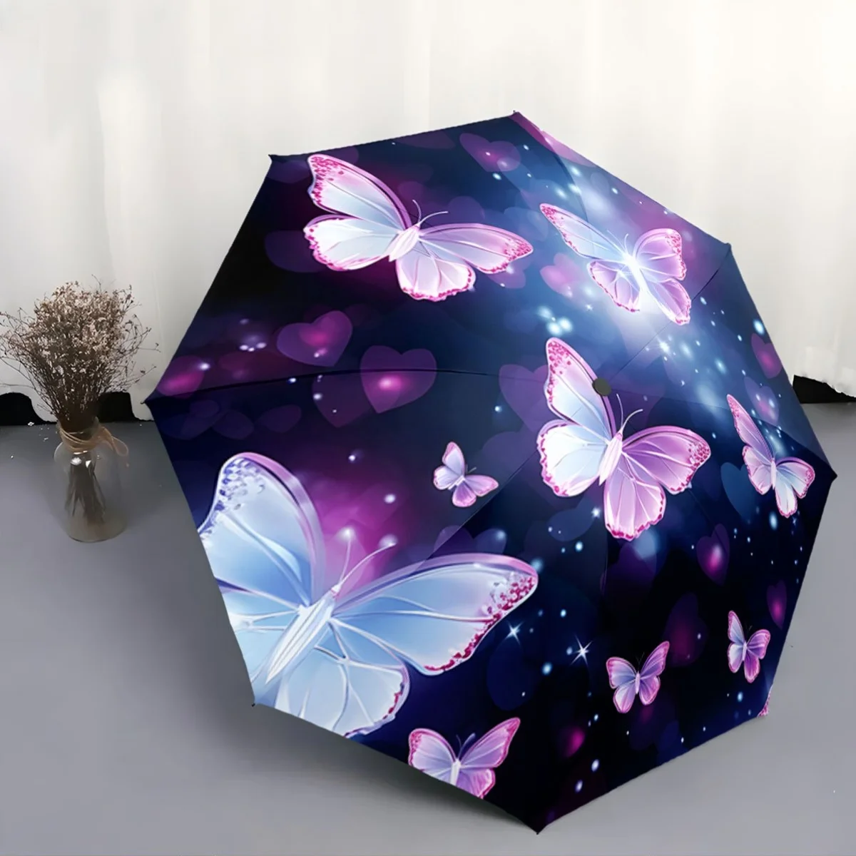 

Automatic Open/Close Umbrella with One-Touch Button - Elegant Purple & Pink Butterfly & Heart Pattern, Sturdy 8-Rib Shaft, Com