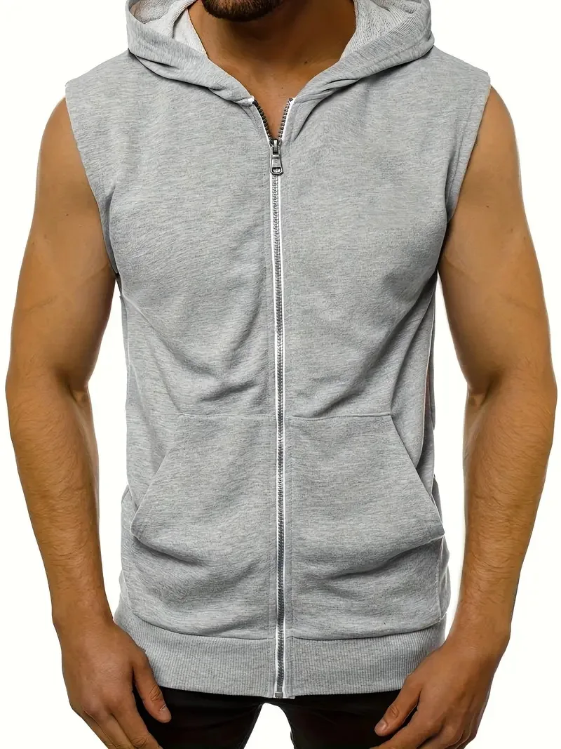 1 Piece Men\'s Casual Zip Up Hooded Tank Top, Chic Sports Sleeveless T-shirt