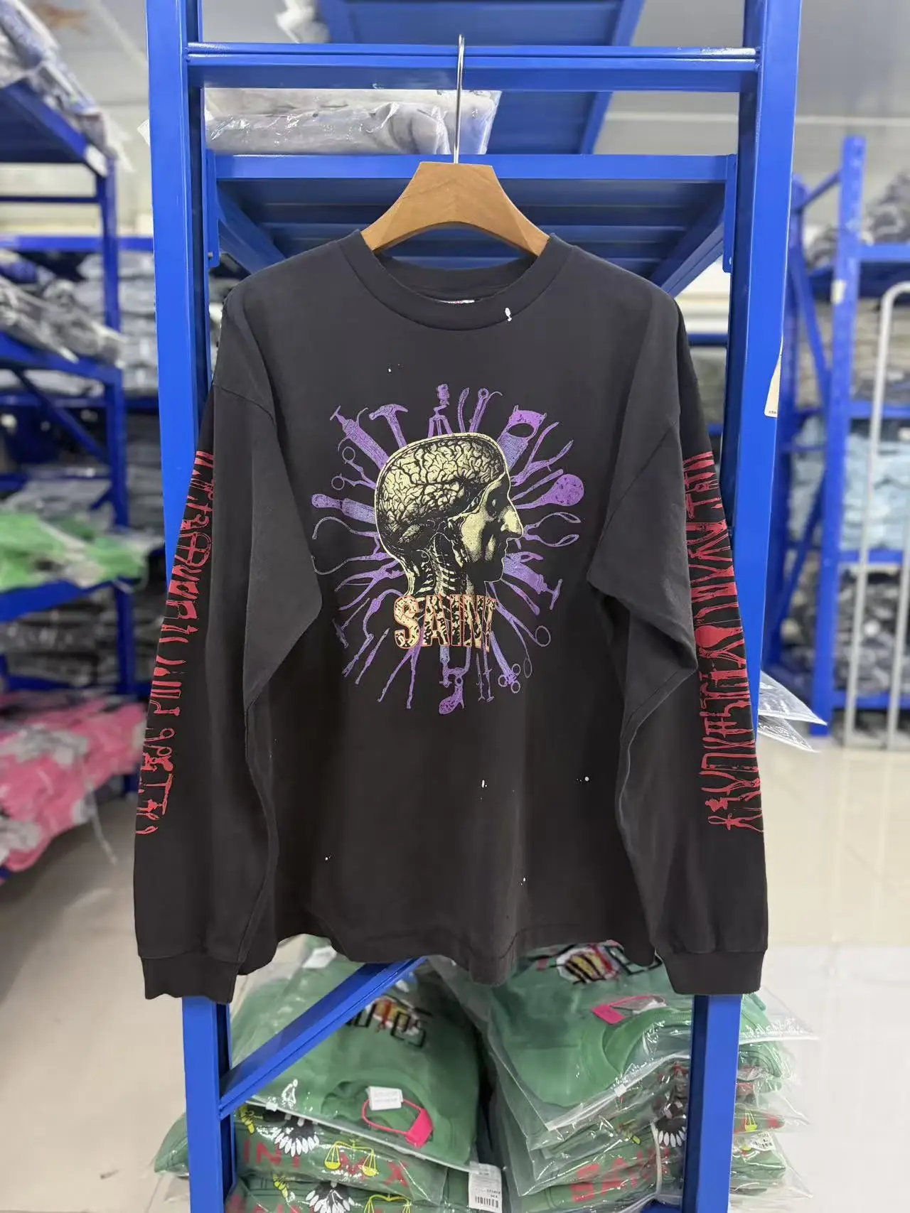 Washed Hole Saint Human anatomy patterns Long Sleeved T-Shirt Men Women Best Quality T Shirt Top Tee