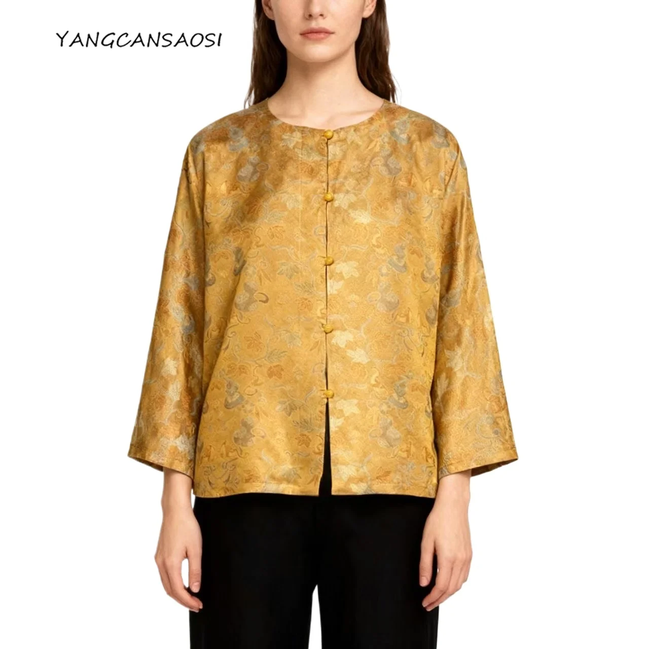 

Женская мода 202, осень/зима, новое 100% натуральное шелковое пальто с золотым тыквой и принтом, универсальное удобное, приятное для кожи пальто