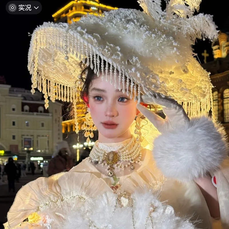 Lolita French Wide Brim Floral Hat,Vintage Oil Painting Wedding Headpiece,Bridal Photo Shoot Headwear for Women Party Decoration