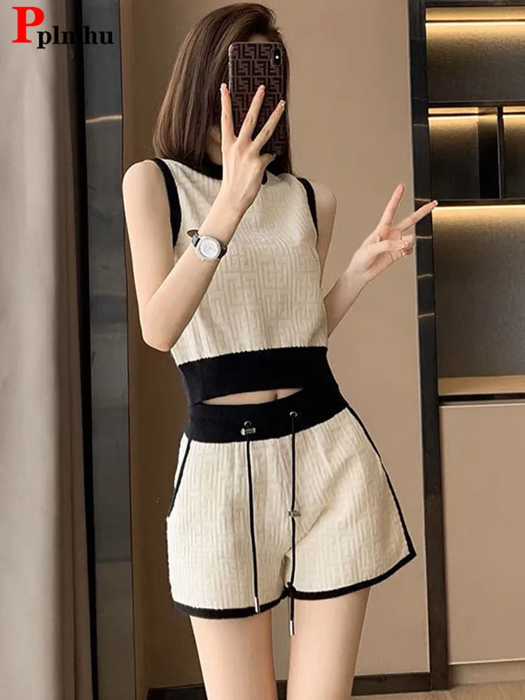 Summer Knitted 2 Pieces Sets Women O-neck Sleeveless Short Knitwear Pullover Tops Conjuntos Korean High Waist Shorts Tracksuit