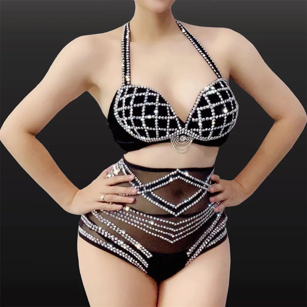 Nieuwe Prestaties Kostuum Zangeres Nachtclub Bar Jurk Perspectief Mesh Sexy Veer Hoofddeksels GOGO Dance Team Show Bikini