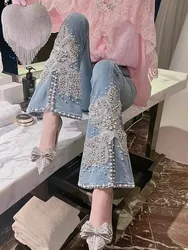 Women High Waist Jeans Floral Embroidery Nailed Bead Inlaid Diamond Pearls Split Denim Micro Flared Pants Cowboy Trouser Female