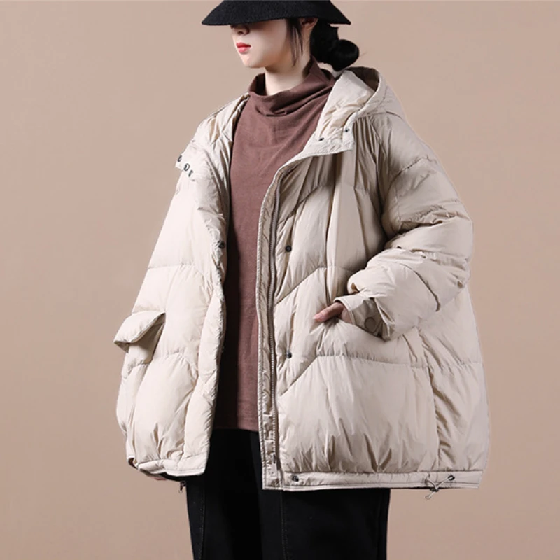 Ultralight White Duck Down Jacket for Women, Casual Hooded Jacket, Short Loose Outerwear, Warm Fashion