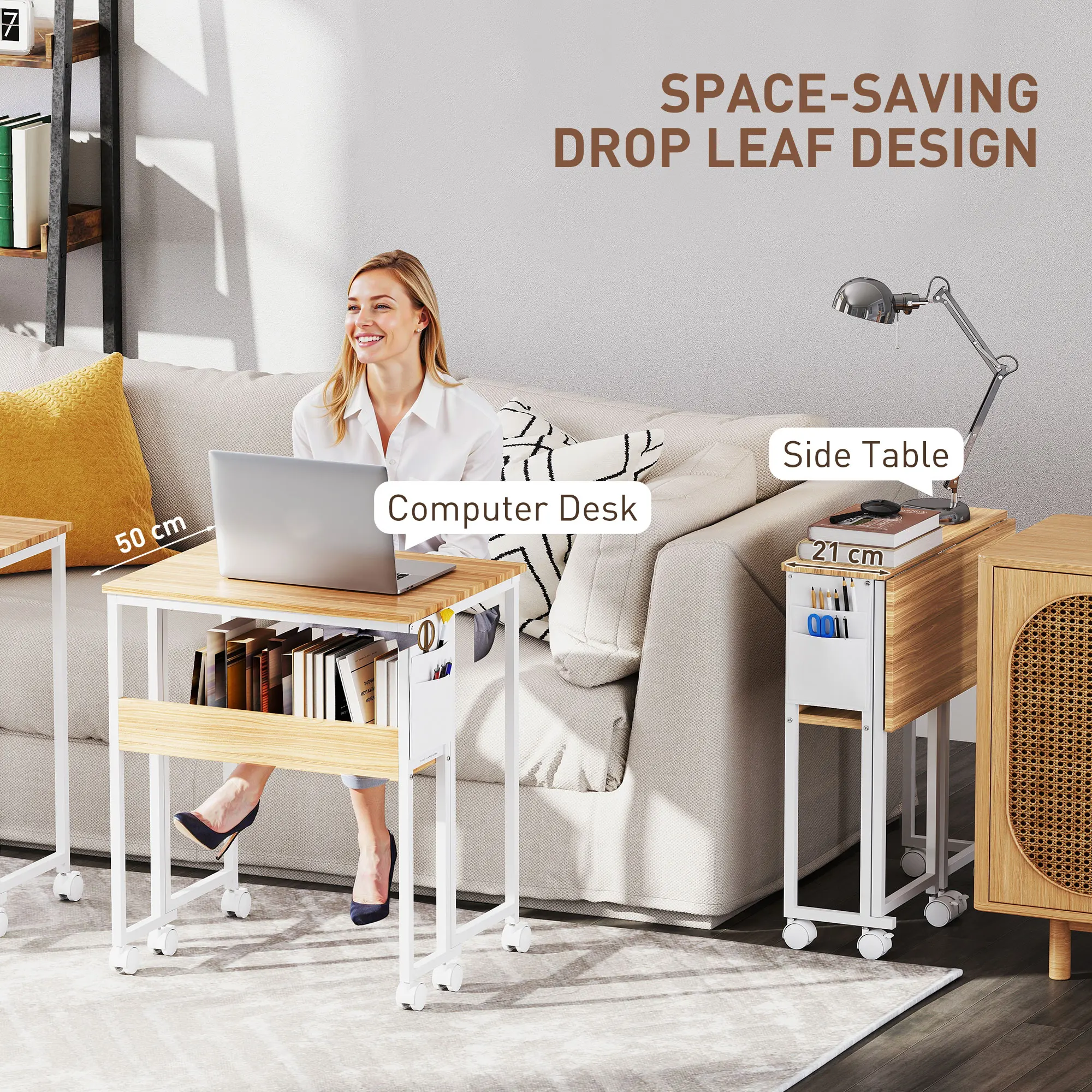 HOMCOM مكتب كمبيوتر قابل للطي مقاس 63 سم على عجلات للمساحات الصغيرة الطبيعية #4