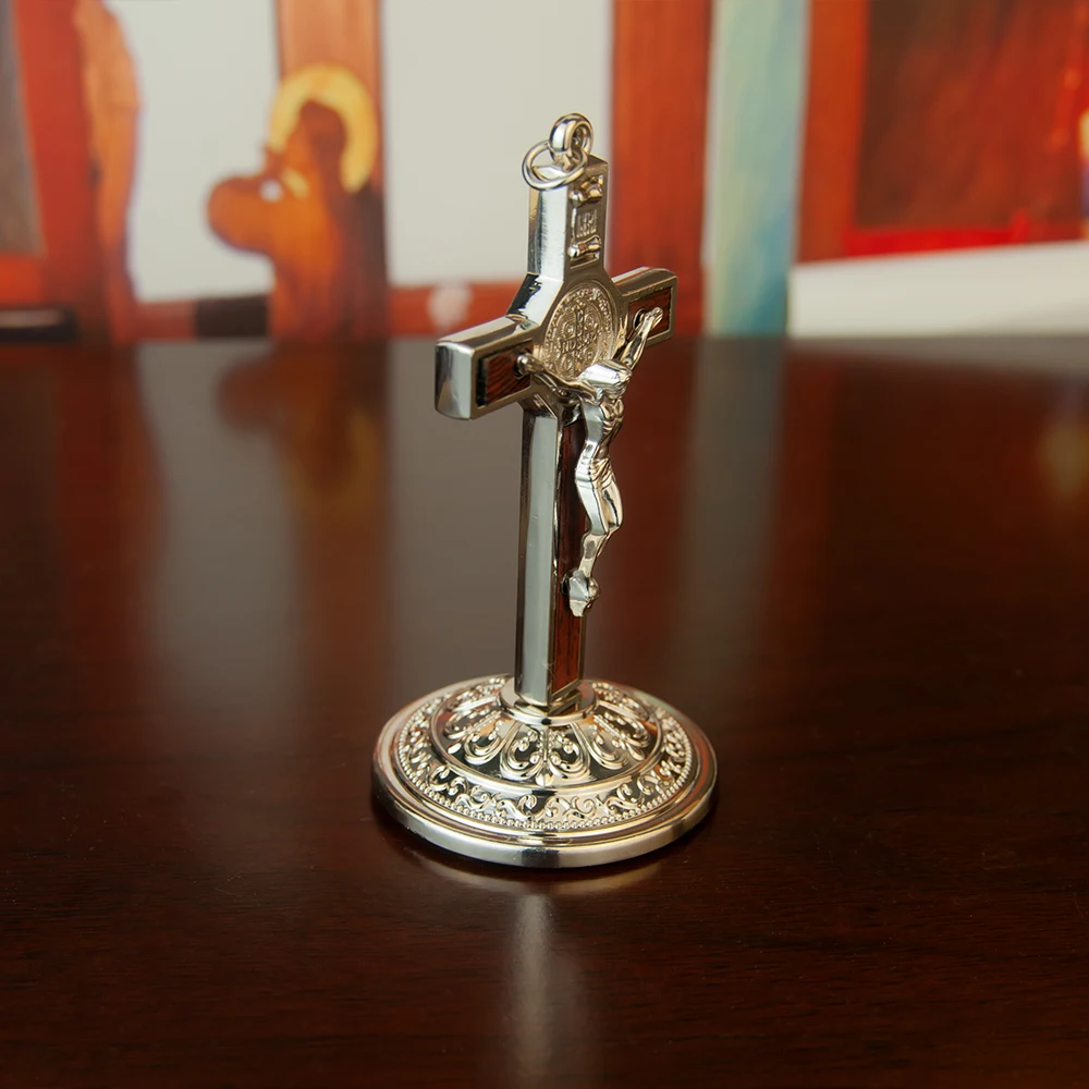 HTISOK Church Supply Metal Jesus Crucifix Table Cross Catholic Cross With Stand For Christ\'s Prayers Jerusalem Home Decor