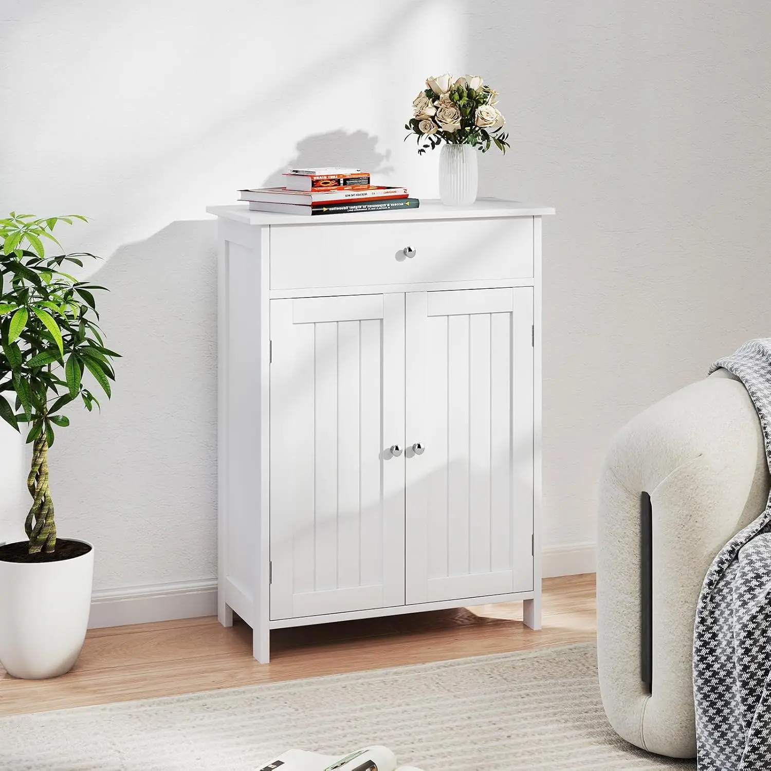 

**/Шкаф для хранения в ванной комнате, напольный органайзер для хранения с 2 дверцами, 2 открытые полки, 3-уровневая регулируемая полка, современное хранилище