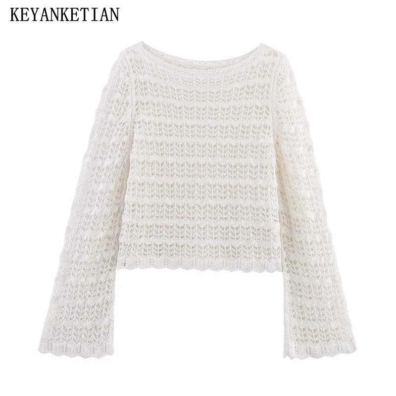 

KEYANKETIAN 2025 Autumn New Women Hollowed-out Crocheted Sweater Pullover Bohemian style O-Neck Flare sleeve Slim Thin Knit Top
