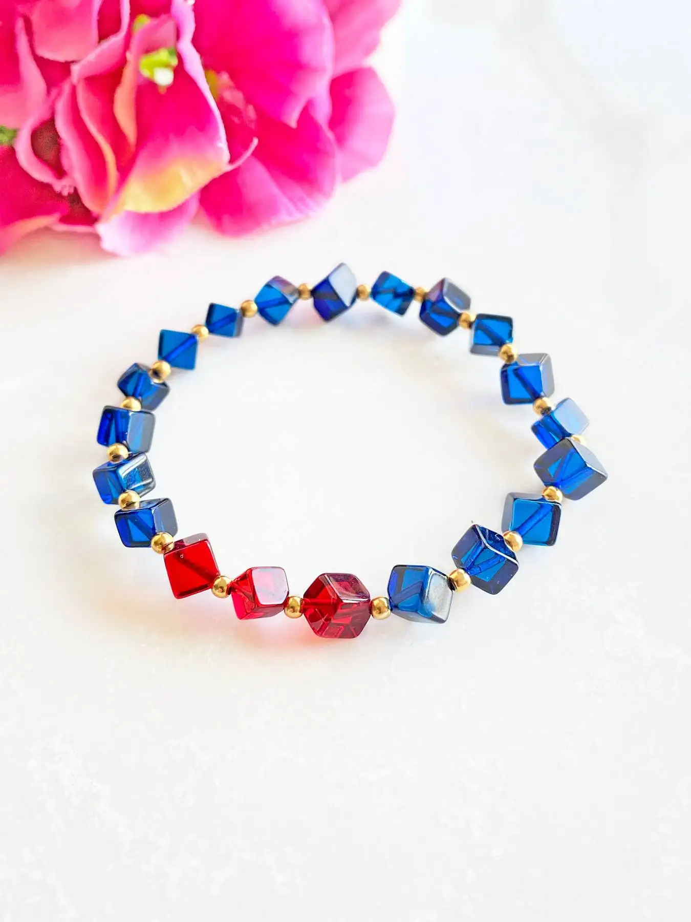 

Blue Red Amber Bracelet, Cube Shape Beaded Bracelet, Amber Bracelet for Women, Blue Amber Jewelry, 925 Sterling Silver