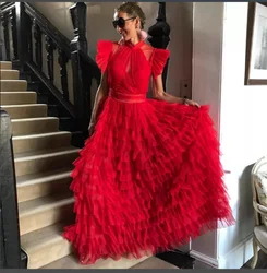 Red Tulle High Low Cocktail Prom Gown A Line Special Occasion Beads Evening Dress Luxury Formal Robe Gala فساتين مناسبة رسمية