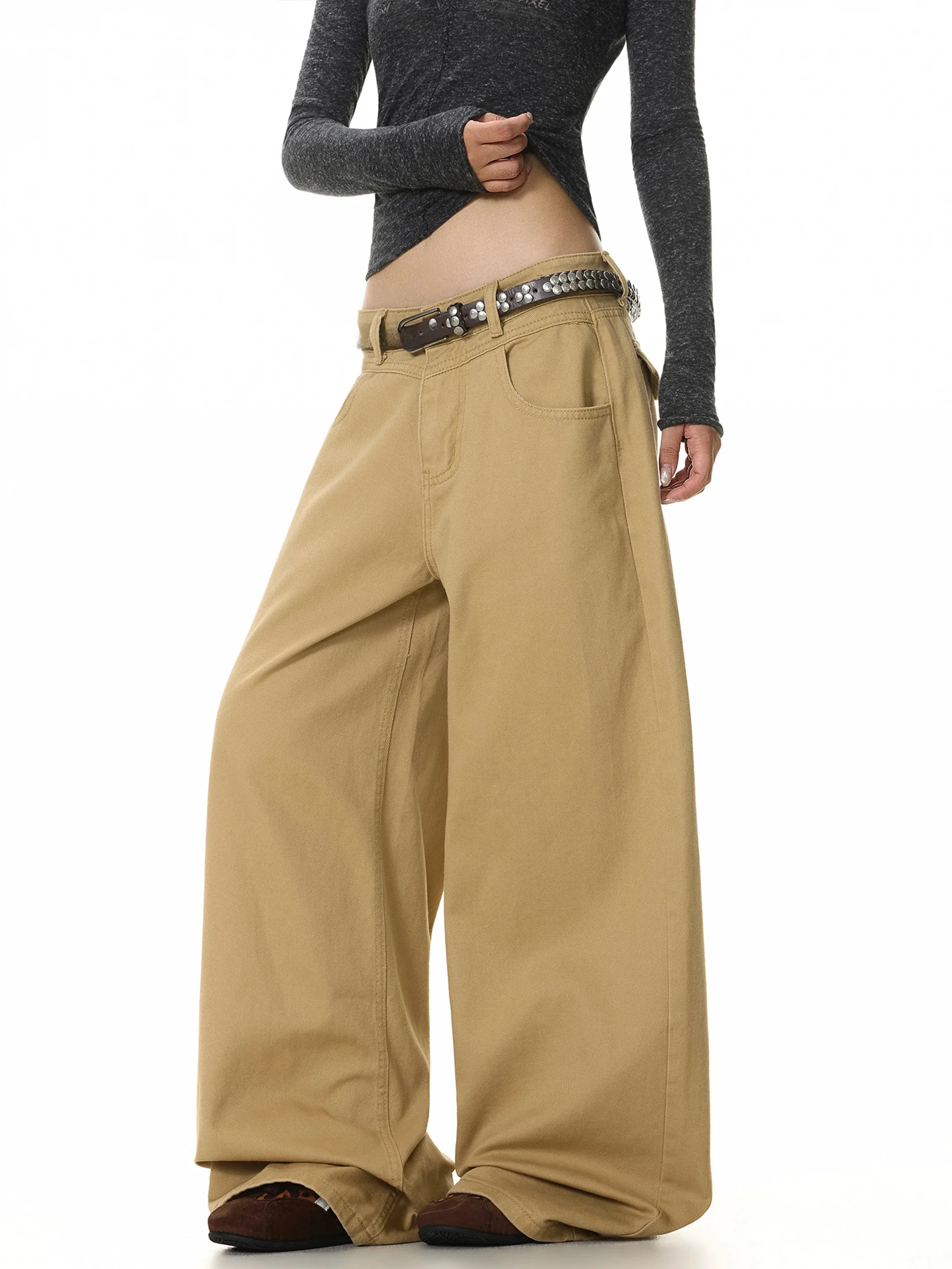 American Retro Paris Button Design Kaki Workwear Pants Loose Wide Leg Fashionable Cleanfit Versatile Long Trousers