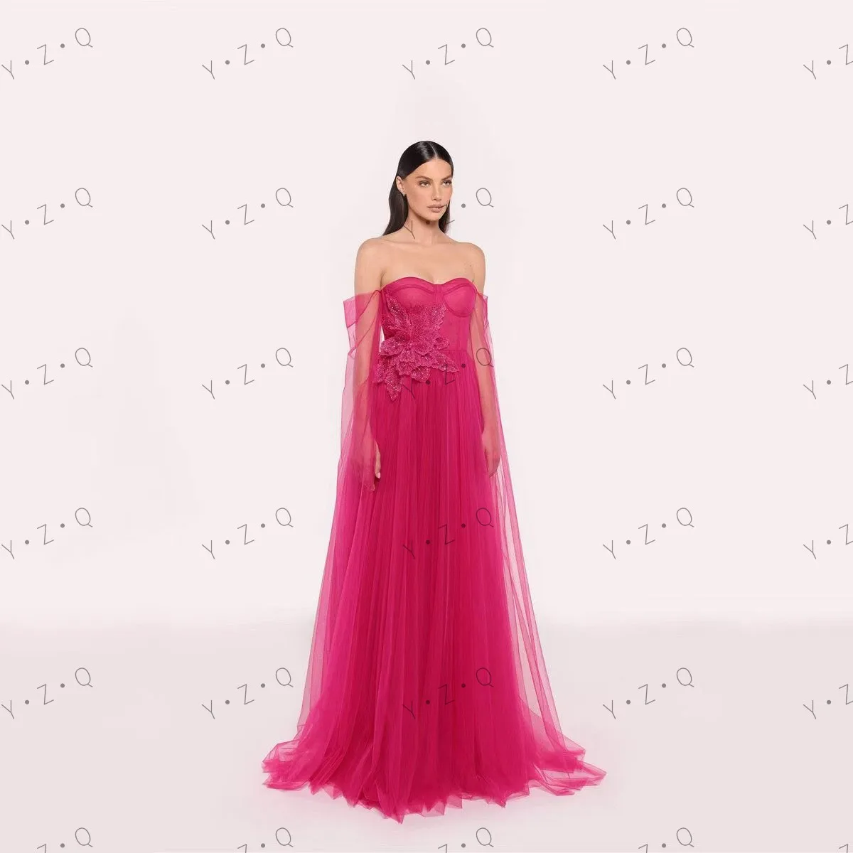 

Elegant Wine Red Tulle Prom Dress Strapless 3D Floral Wedding Gowns A Line Floor Length Sleeveless Advanced Style Formal Gowns