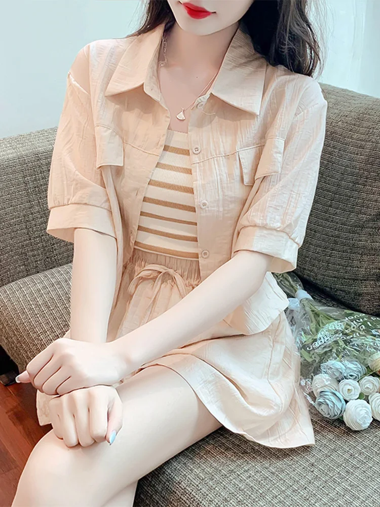 

Summer 2026 Fashionable Sun Protection Shirt Top Shorts Casual Set Women's Three-piece Ensemble Stylish Compact Size Clothing