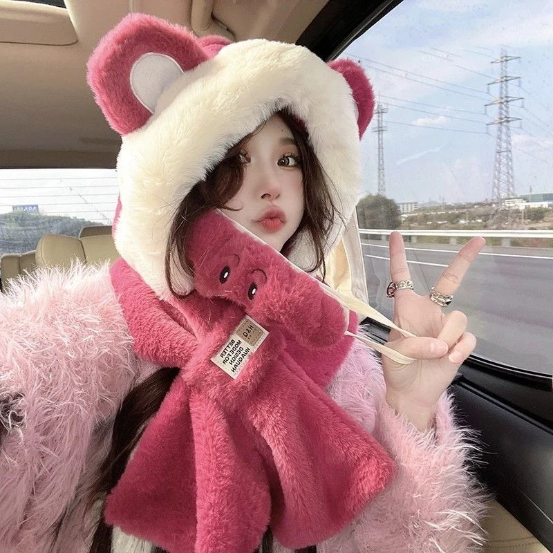 หมีน่ารักหมวกผ้าพันคอ All-in-one เย็น WARM Hooded ผ้าพันคอฤดูหนาวหมวก Plush Plush ขี่จักรยานเล่นสกีอุ่นหมวกป้องกันหู