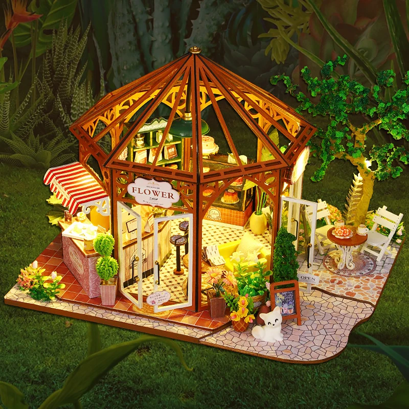 Flower Coffee Doll House Kit 3D Puzzle Assembly Building Model Toy Home Bedroom Decoration With Furniture Wooden Craft Dollhouse