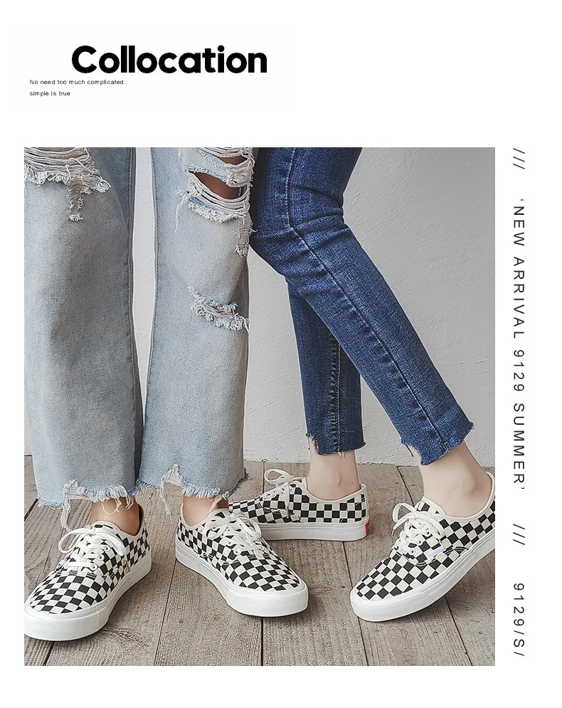 35-44 Unisex Checkered Sneakers Lace Up Women Black White Plaid Canvas Shoes Students Flat Summer Casual Shoes Couple Basic Shoe