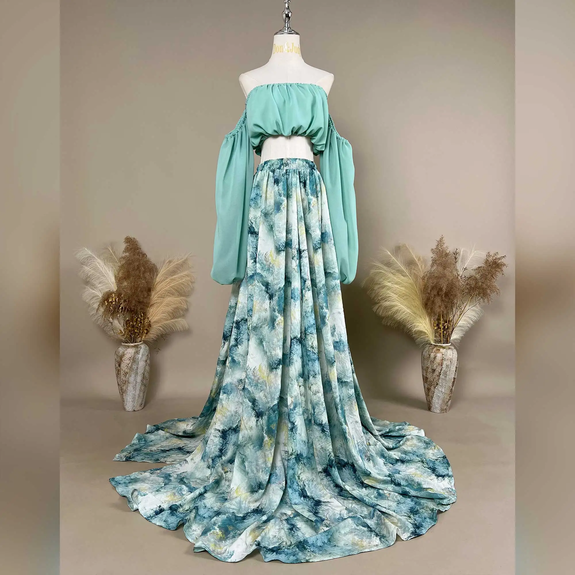 Don&Judy Color-Block Solid Puff Sleeve Top Tie-Dye Print Chiffon Skirt Maternity or Non-maternity Gown Dresses For Photography