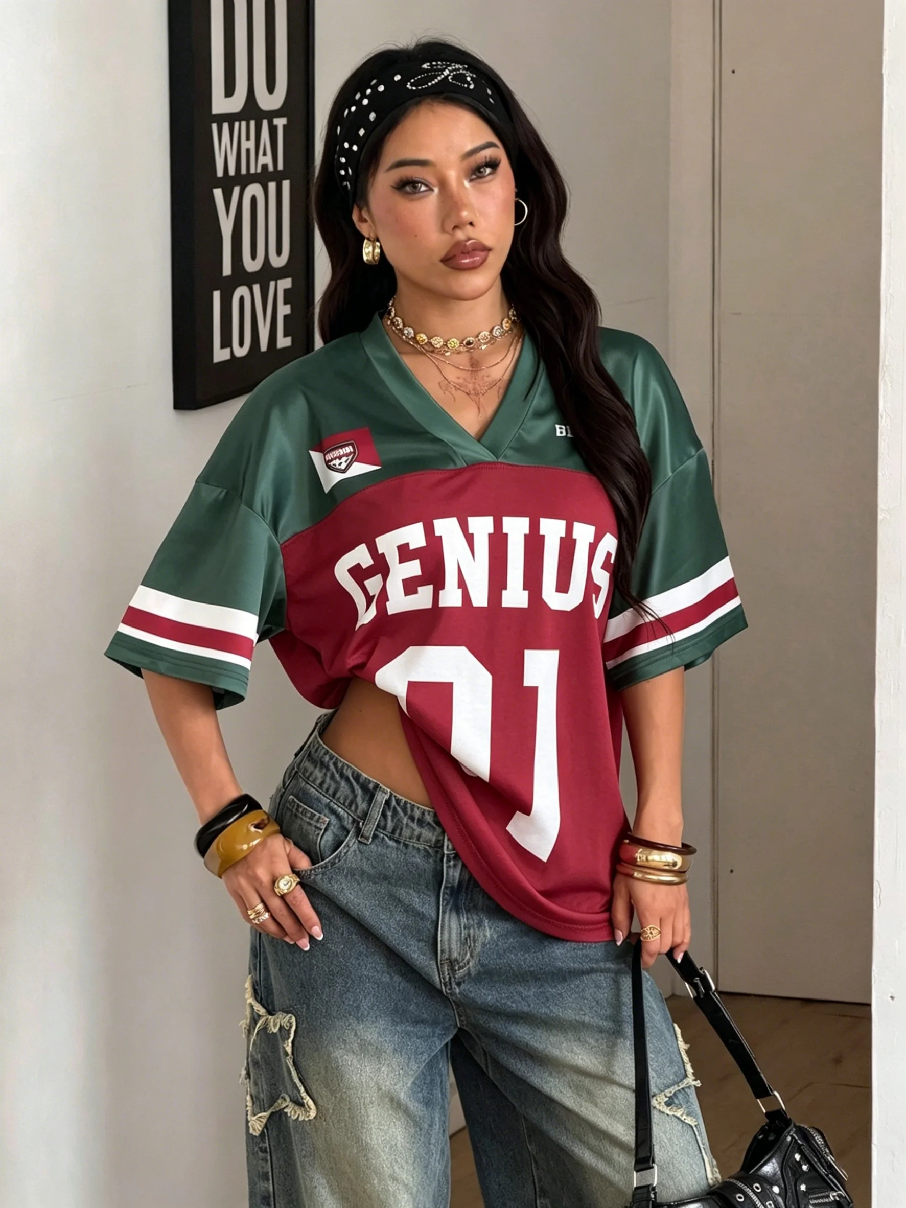 Women's Los Angeles NO.95 Print V-Neck Short Sleeve Hole Mesh T-Shirt Summer Tee Baseball Jerseys Sport T-Shirts