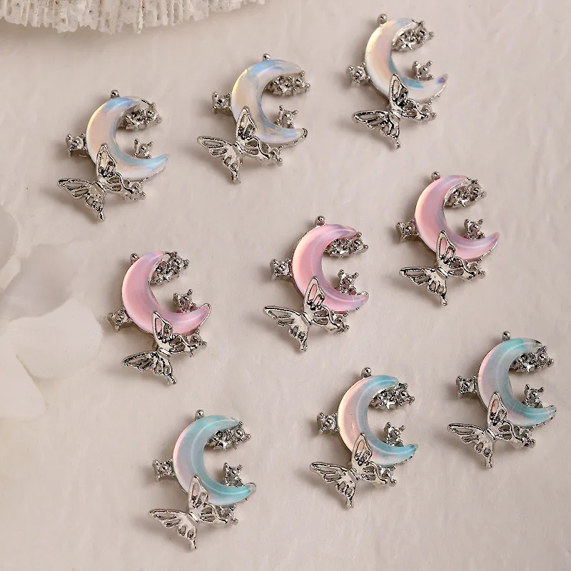 10PCS 3D Luxury Alloy Butterfly Nail ArtCharms Moon Rhinestone Accessories Parts For Nails Decoration Manicure Supplies Material