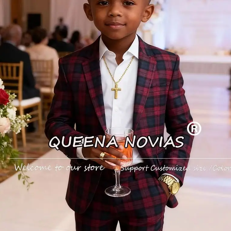 

Elegant Plaid Check Boys' Attire 2 Pieces Single Breasted Prom Blazers Customized Costume Enfant Garçon Children Birthday Tuxedo
