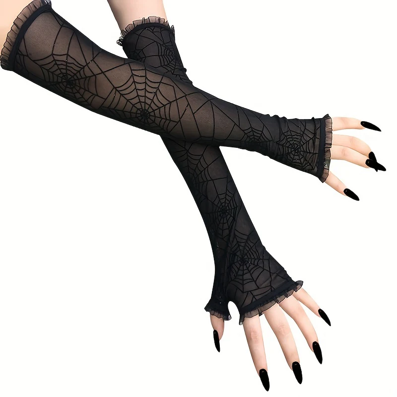 Dames Halve Vinger Spinnenweb Patroon Lange Handschoenen Halloween Ultradunne Arm Mouwen Arm Cover Cosplay Prestatie Wanten