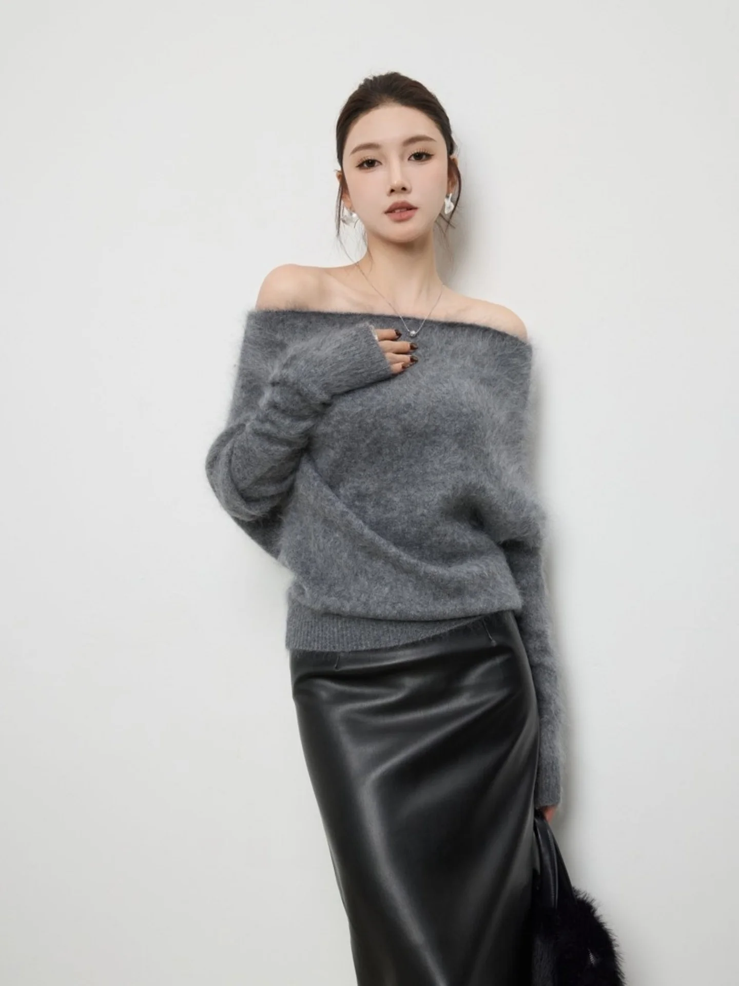 Gray Shoulder Bared Knitted Sweater Loose Batwing Sleeve Comfortable Slimming Spring Autumn Korean Style Casual Knitwear Top
