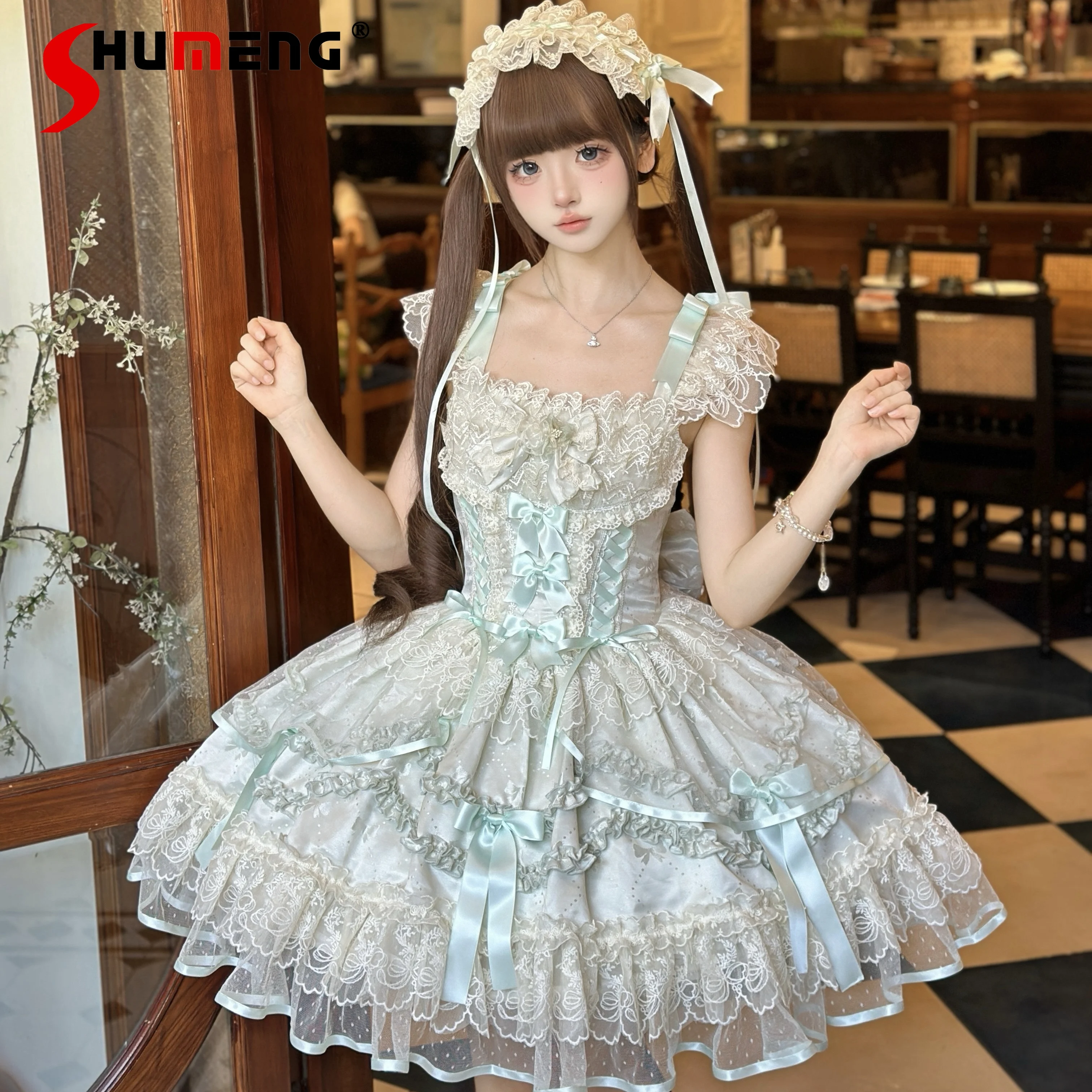 

Sweet Lolita Dress Set Japanese Style Summer New Girls Cute Bow Lace Princess Dress Women Tea Party Mini Suspenders Dress Jsk