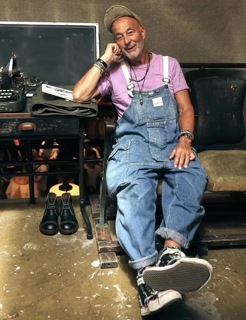 

Men's Reverse Craftsman American Americana Washed Distressed Denim Overalls Multi-Pocket Suspender Jumpsuit