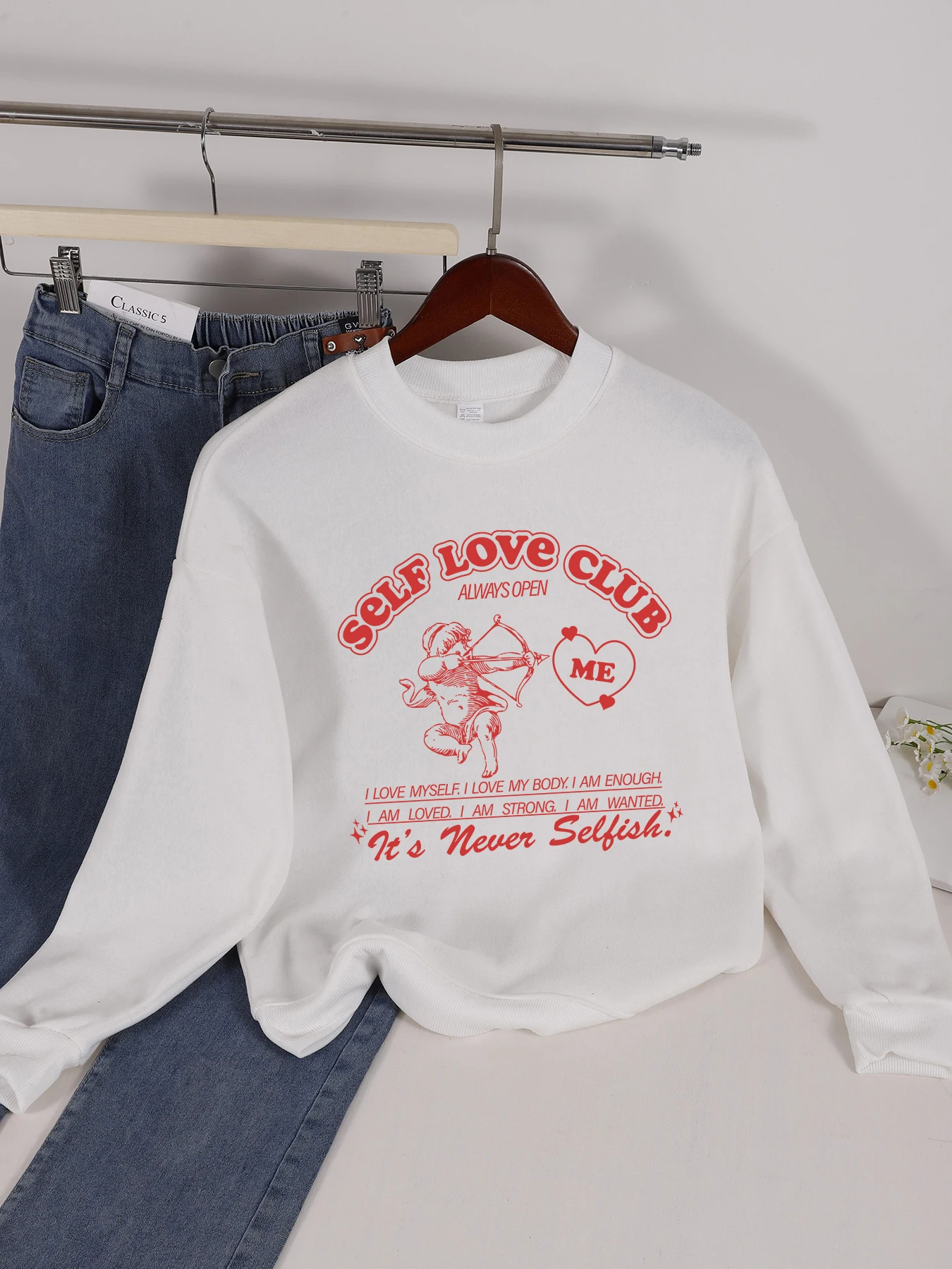 Self love club coração vermelho impresso moletom feminino crewneck pulôver macio hip hop roupas de lã solta casual streetwear