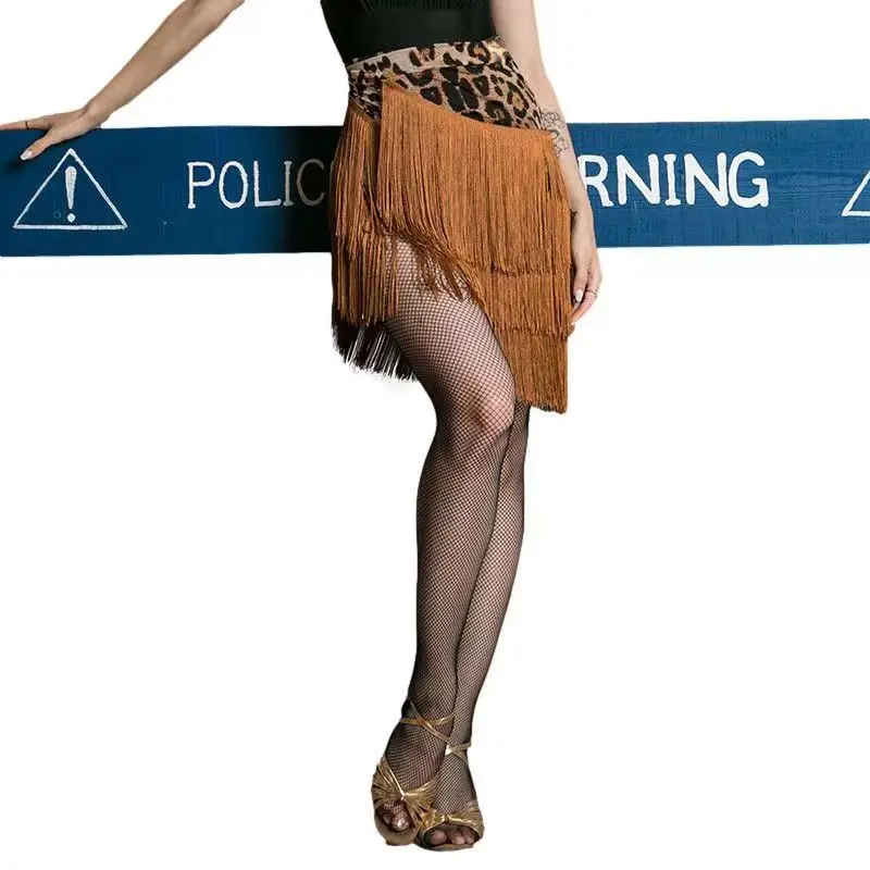 Print Wrap Fringe Latin Dance Skirt Women Tie Waist Multi Layer Tassel Mini Skirt Salsa Tango Ballroom Training Dance Costume