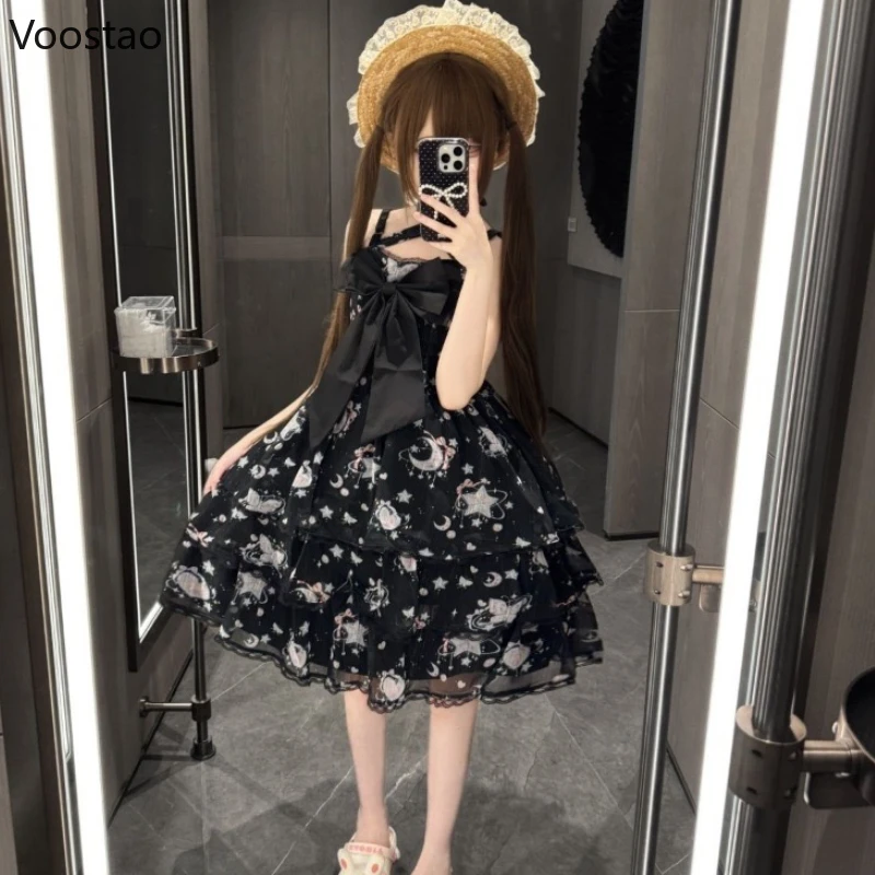

Японское платье Kawaii Lolita Jsk, женское милое платье Y2k с бантом, звездное небо, мини-платье с принтом торта для девочек, Harajuku, чаепитие, платья принцессы
