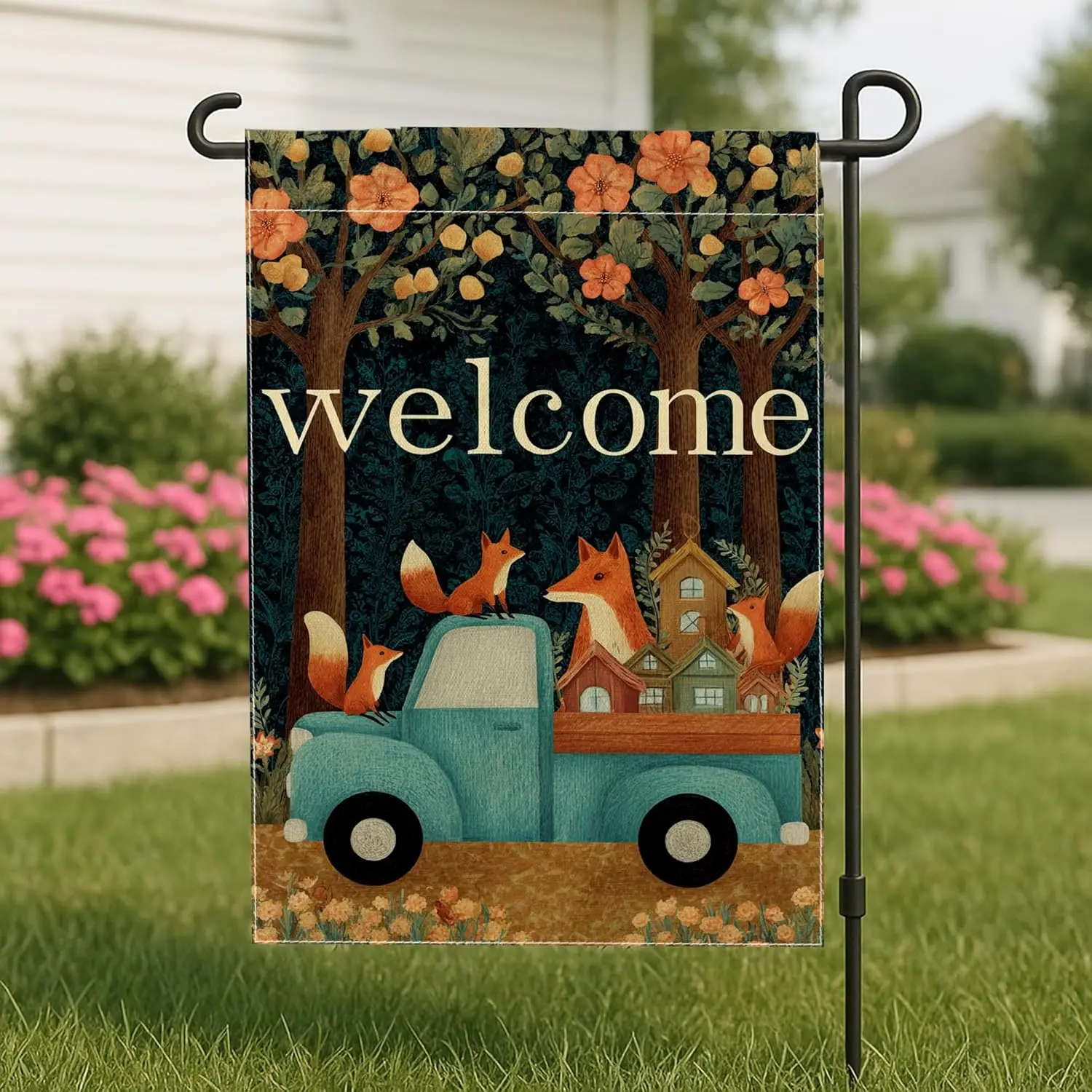 Autumn Welcome Garden Flag, Blue Truck with Foxes and Flowers Yard Banner, Double Sided Burlap Outdoor Lawn Decoration for F yyi
