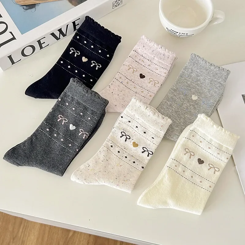

1/6 pairs of new women's pure cotton mid tube socks with spring autumn bows cute hearts simple comfortable casual socks