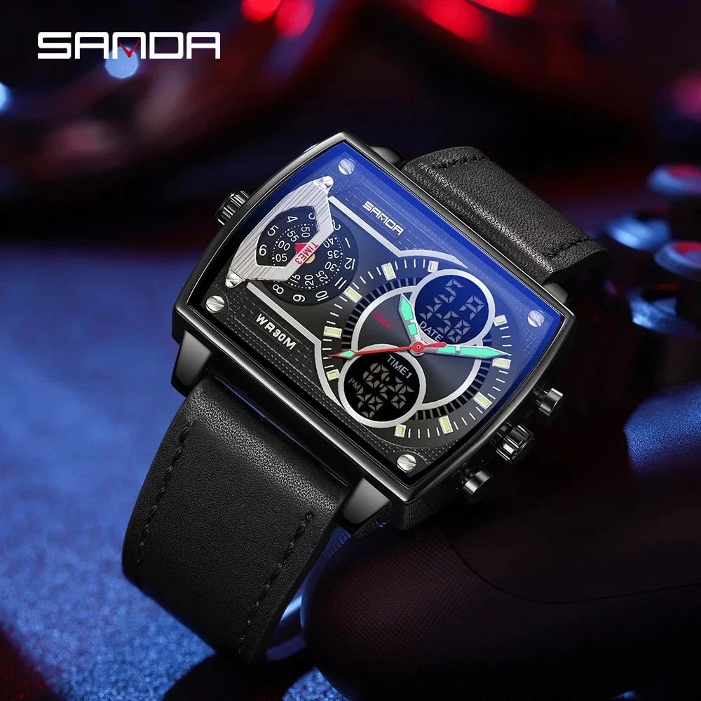 

SANDA 2024 New Luxury Mens Watches Top Brand Fashion Digital Quartz Dual Display Wristwatch For Men Clock Relogio Masculino 6032