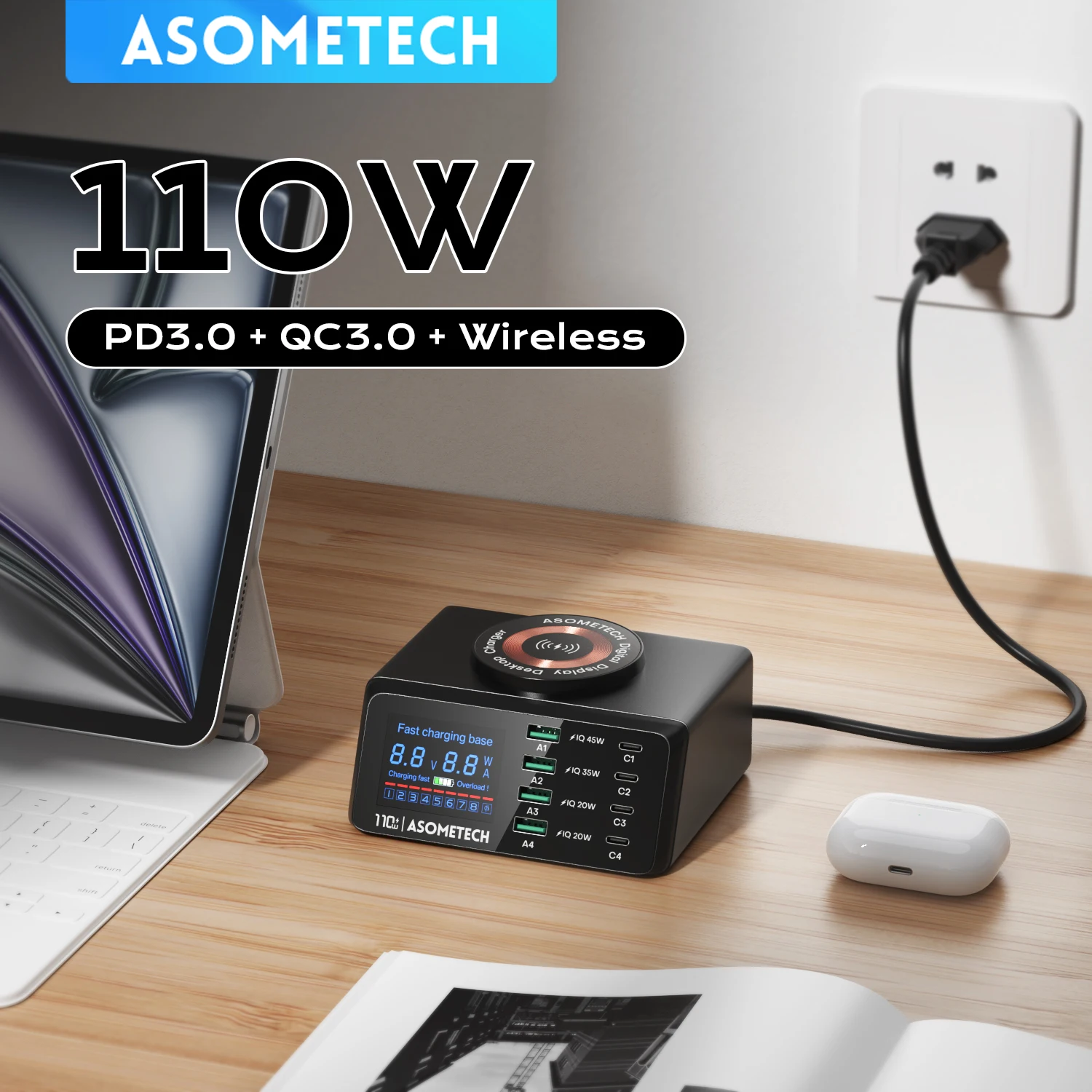 

ASOMETECH 110W USB C Charging Station 8 USB Port Fast Charger With Wireless Charger QC3.0 PPS PD Charger For MacBook iPhone 17