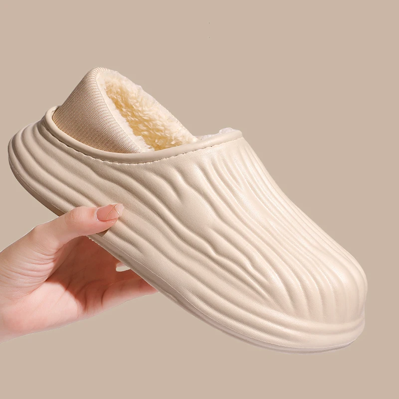 Warme Plüsch-Wasserdichte EVA-Hausschuhe für Damen, Winter Weiche Dicke Sohle Rutschfeste Hausschuhe, Flauschige Paar-Slipper – Detail 8