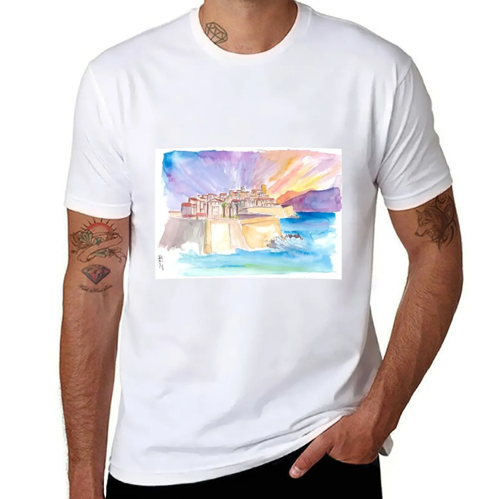 

Antibes French Riviera Cityscape in Sunset T-Shirt t shirt custom print black cotton t-shirt plain for man package T-Shirt