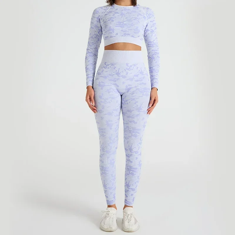 여성 요가 긴팔 섹시 카모플라쥬 자카드 피트니스 슈트 심리스 피치힙 슈트 세트 플러스 사이즈 스포츠 슈트 투피스 세트